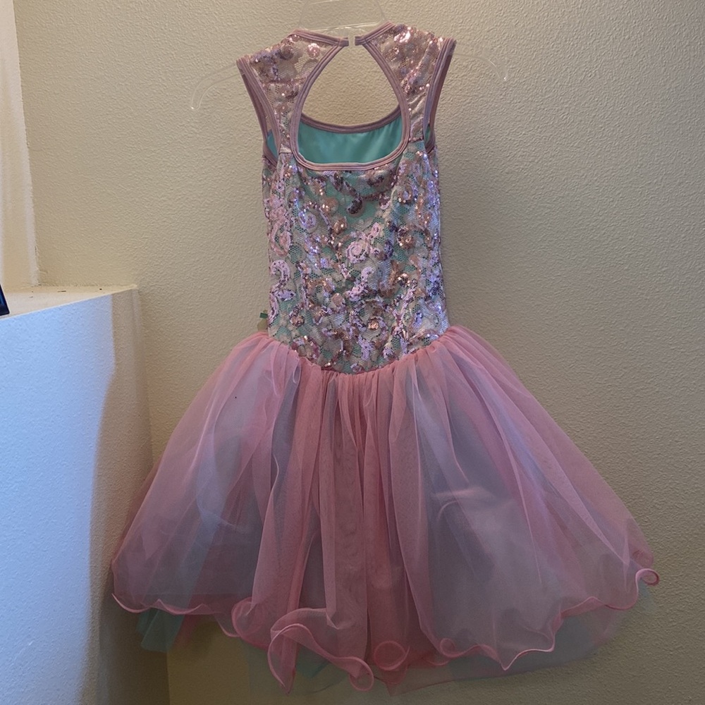 curtain call girls ballet tutu costume pink/teal sequin bodice layer mes… - Picture 2 of 5